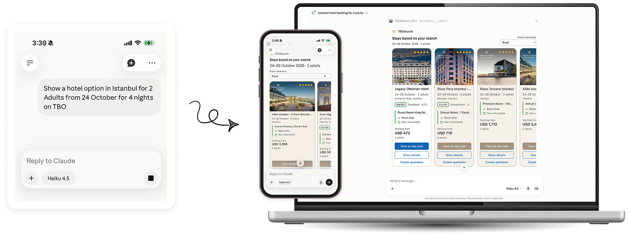 Search hotels in English via Claude and view results on mobile and desktop