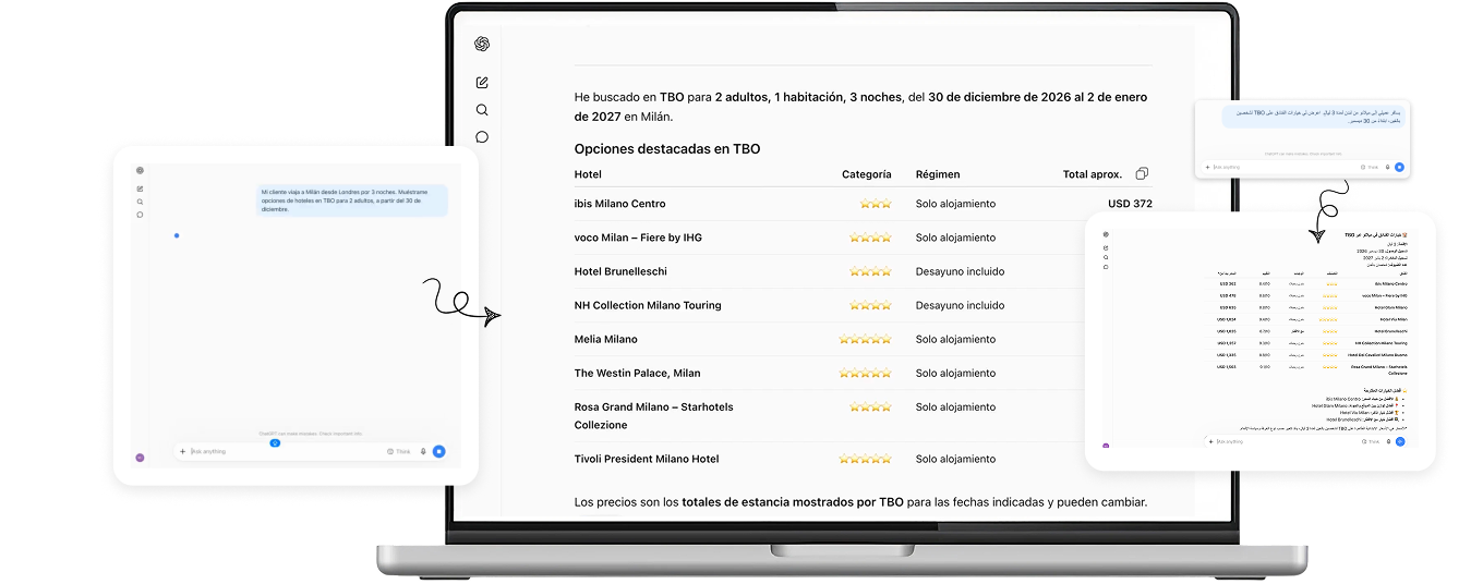 Search hotels in any language via your AI tool and view results on any device