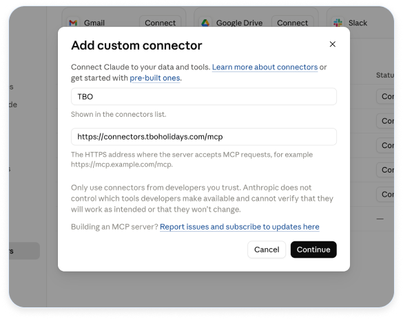 Claude custom connector form